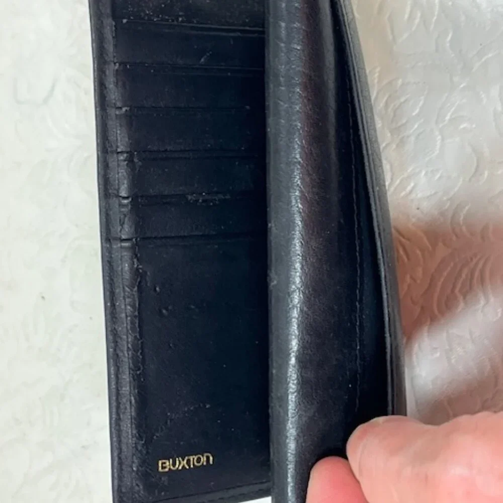 VTG Buxton Black Cowhide Leather Trifold Wallet Credit Card Slots 5.5